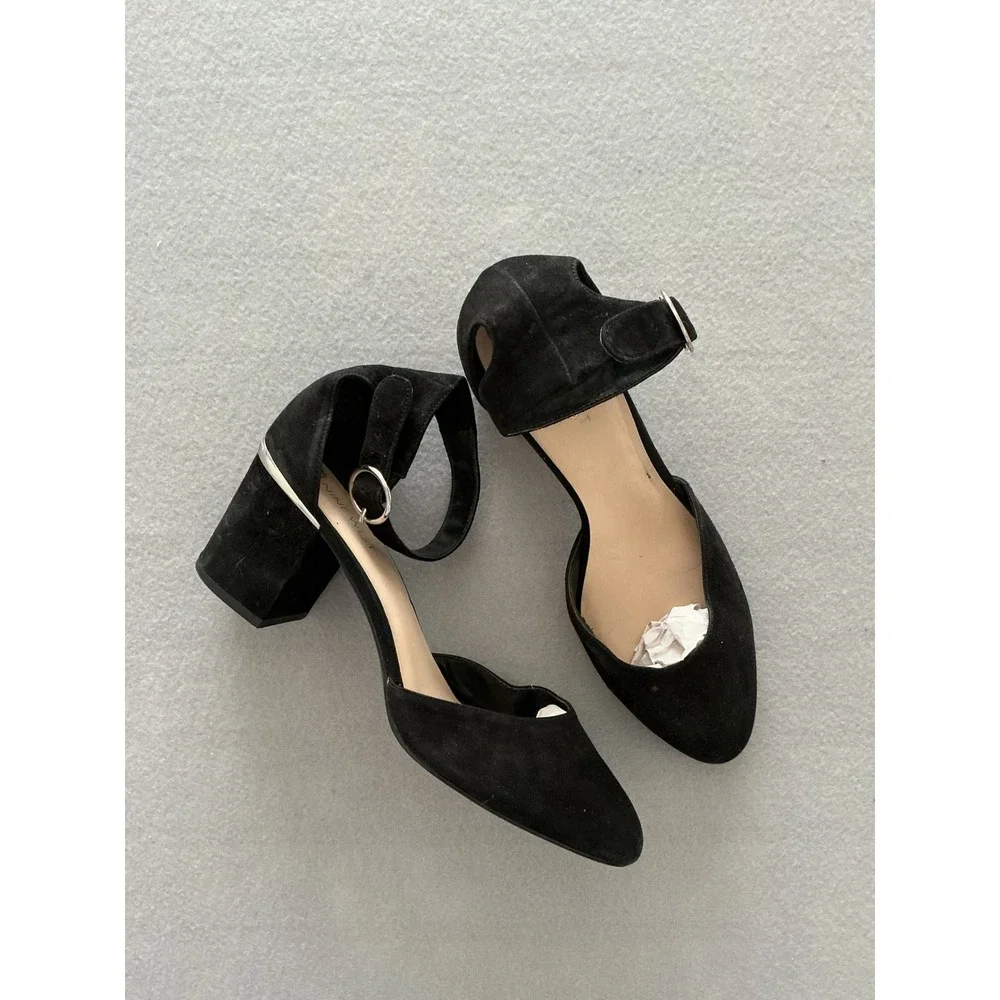 Nine West Block Heel Pumps Size 10M Black Suede Ankle Strap Metallic Trim